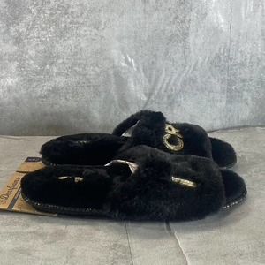 Dearfoams Women's Black Faux-Fur Memory Foam I do Crew Slide Slippers SZ L(9-10)